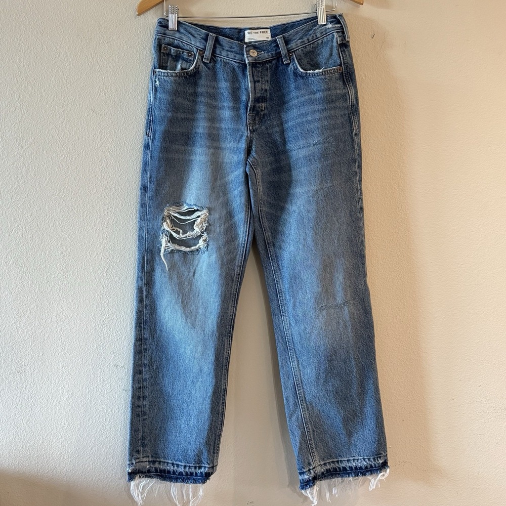 Free People We The Free Distressed Cropped Straight Jeans Raw Hem Button Fly 27